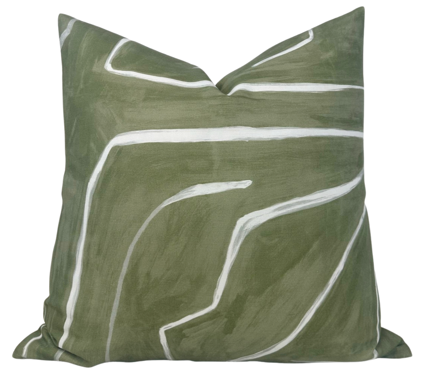 Graffito Pillow Cover in Fern Green by DEKOWE shown on sofa with abstract green linen pattern and ivory linen back