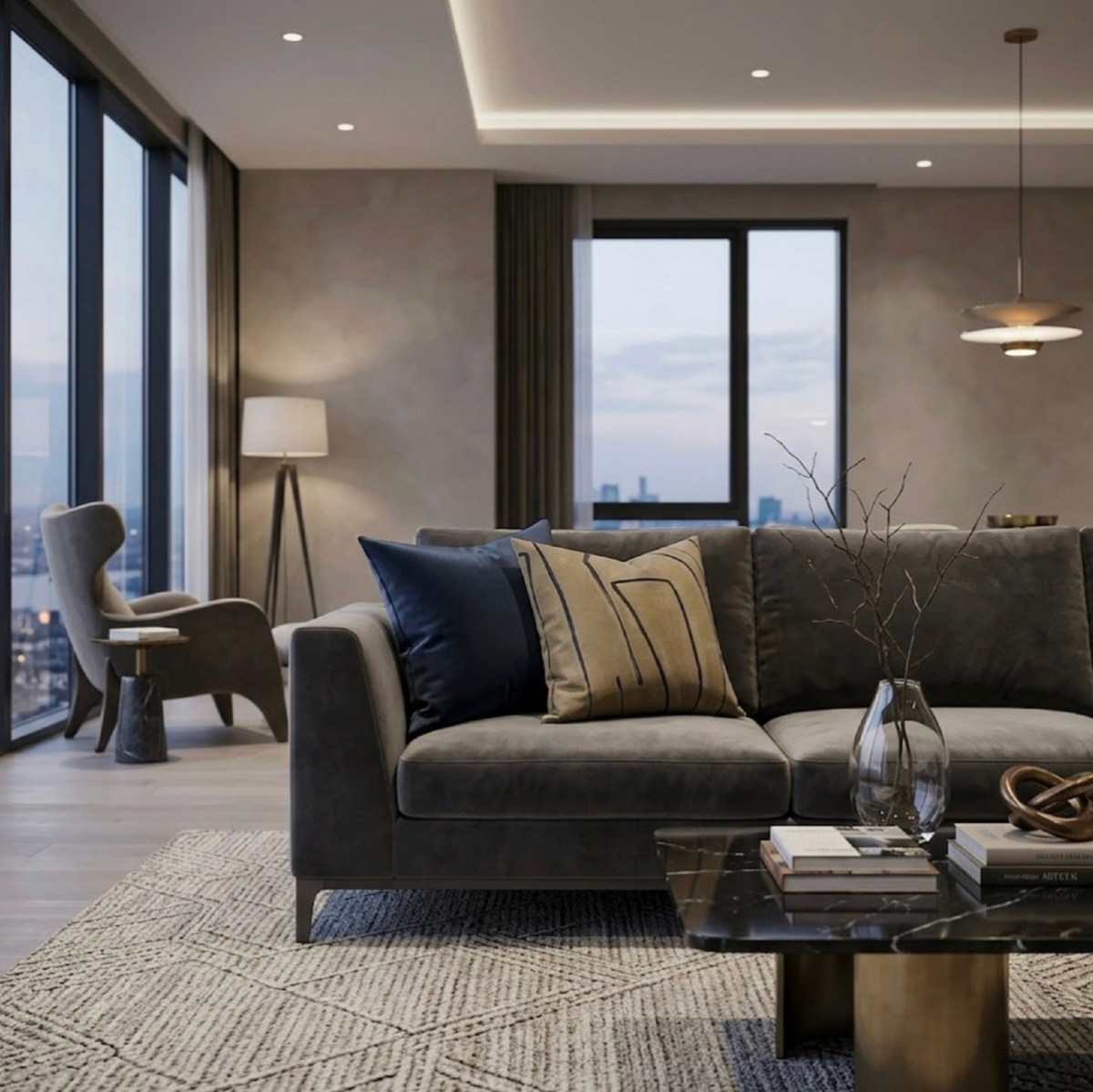 Modern living room with a gray velvet sofa adorned with dark blue and beige striped pillows, positioned on a textured cream rug with geometric patterns under soft ambient lighting.