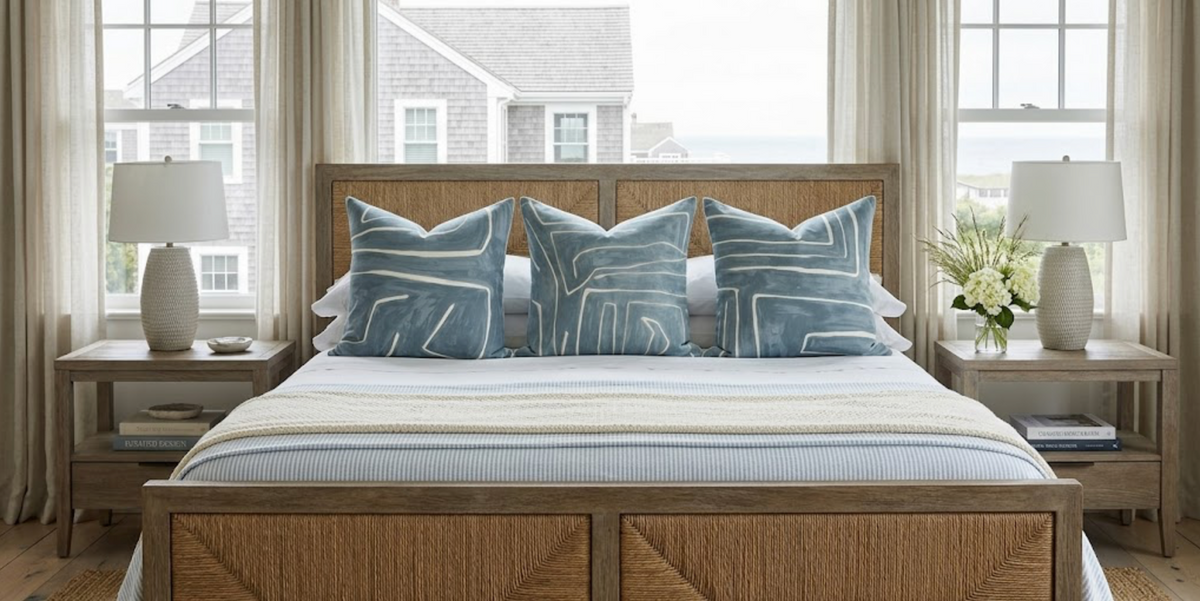 Neutral-toned bedroom with a wooden headboard bed featuring three blue-gray Graffito pillow covers with white abstract lines, flanked by matching bedside tables and white lamps.