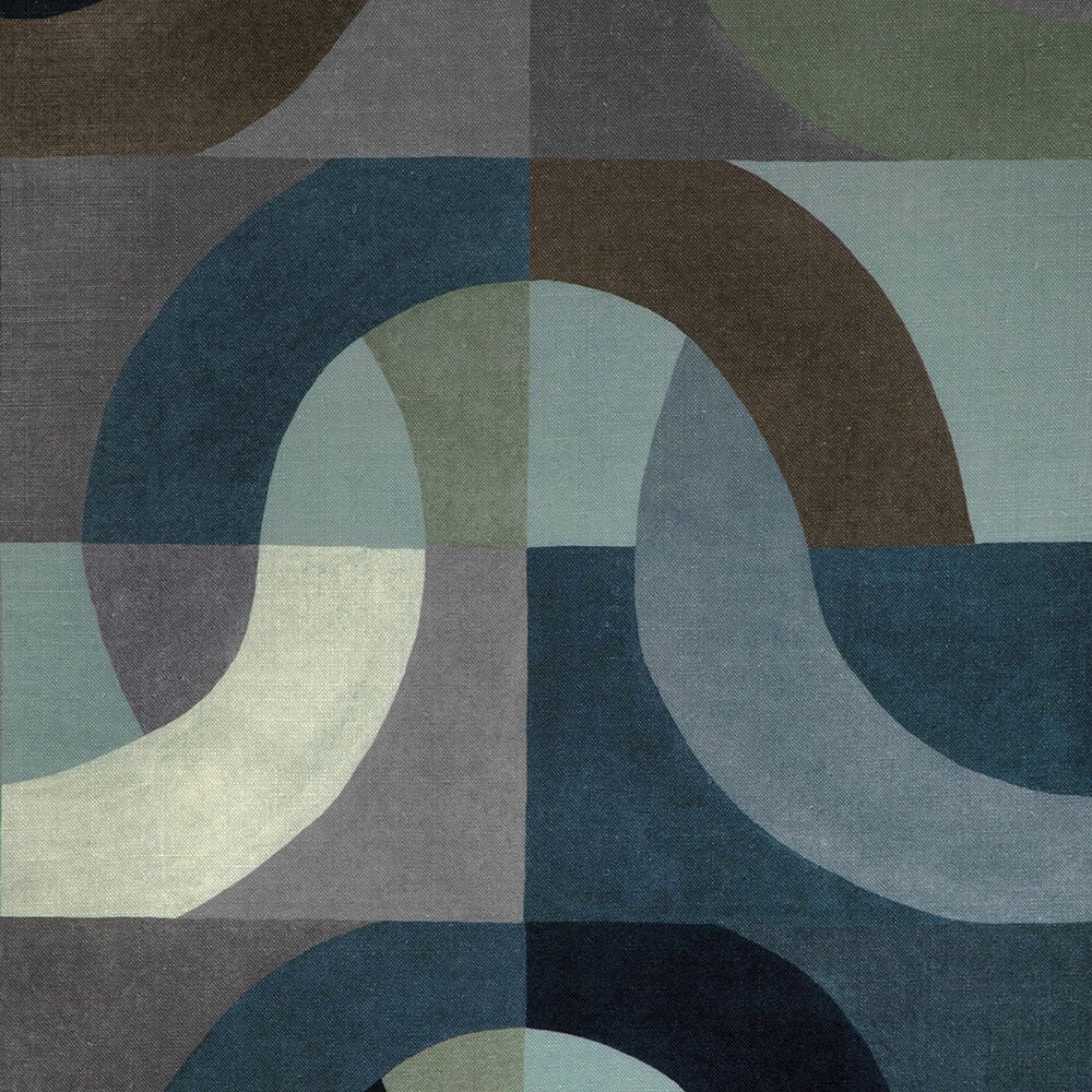 Square textile pillow cover with abstract curved shapes in indigo, gray, green, and brown forming a geometric pattern of connected arches.