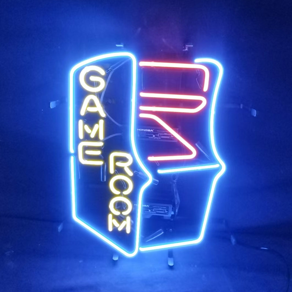 Game Room Machine Neon Sign glowing in a dim indoor setting