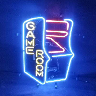 Game Room Machine Neon Sign glowing in a dim indoor setting