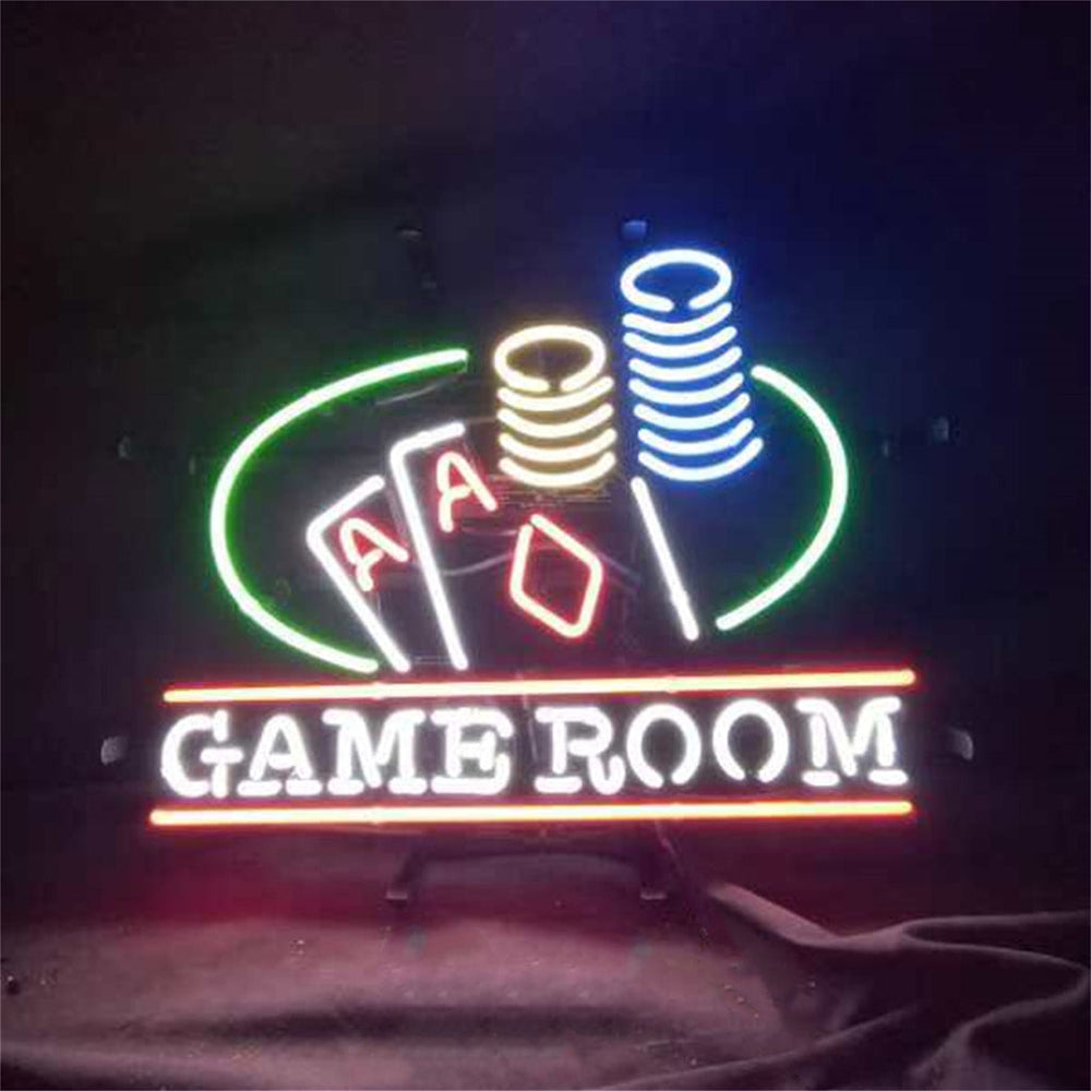 Lighting from Gaming Table Poker Jetton Game Room Neon Sign on metal grid backing