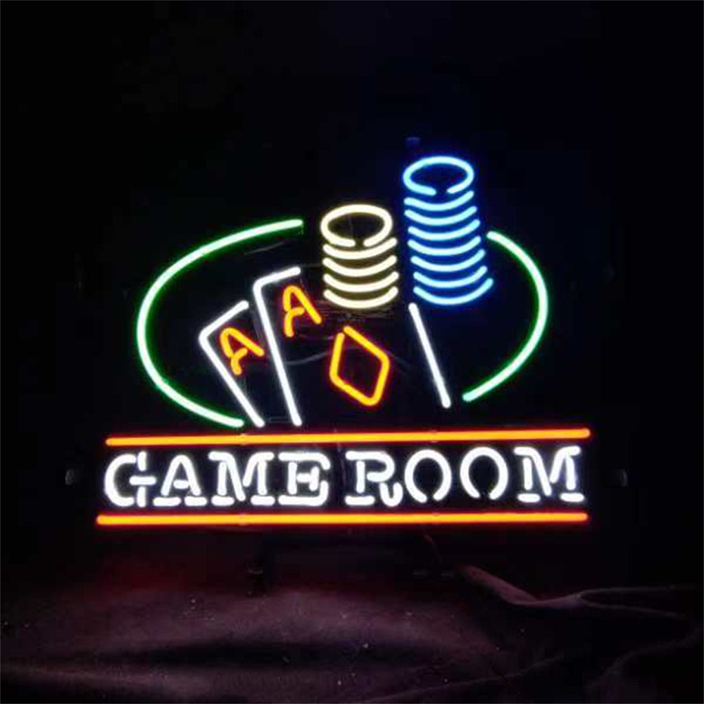Neon sign featuring two aces and a diamond card with stacks of chips above the words GAME ROOM outlined in white and red, encircled by a green arc