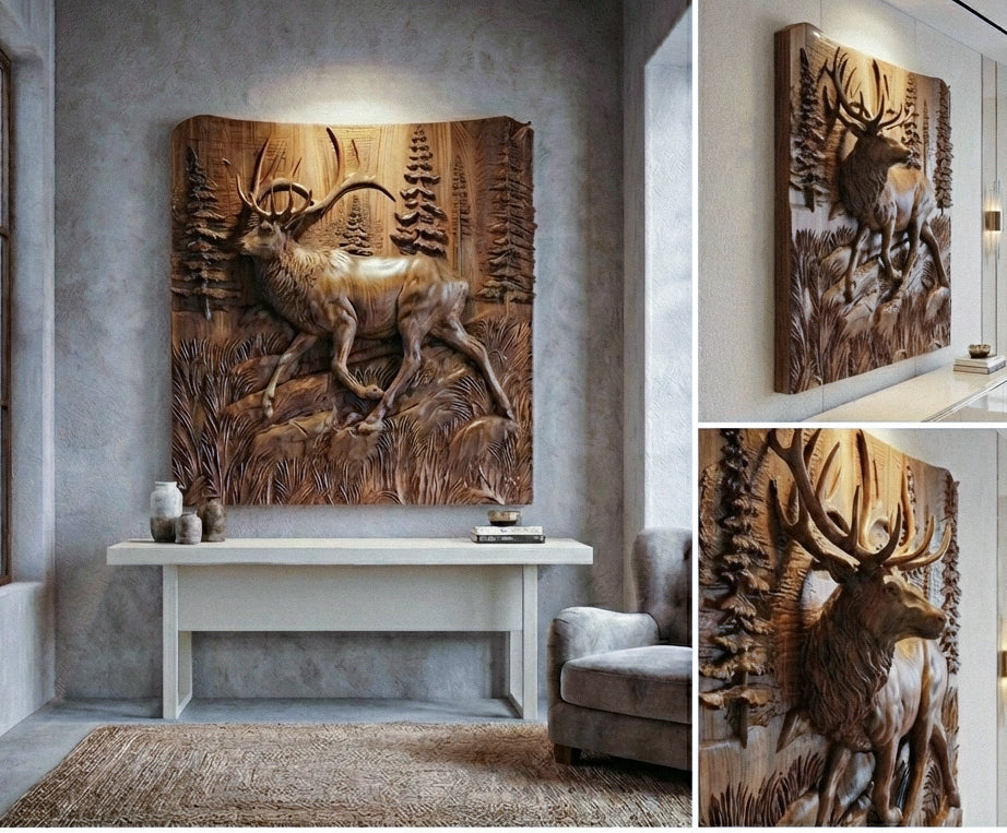 Wooden Deer Elk 3D wood relief wall art sculpture with natural walnut finish