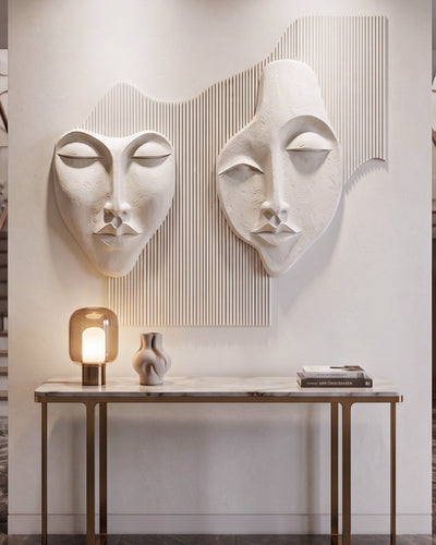 Wabi-Sabi 3D Face Wall Relief Art showing two abstract faces on a fluted textured panel in various colors and sizes