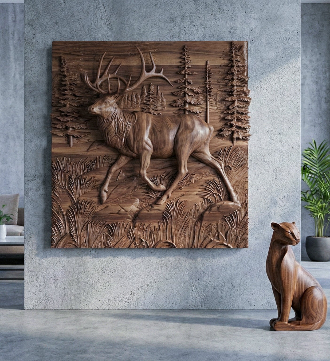 Wooden Deer Elk 3D wood relief wall art sculpture with natural walnut finish