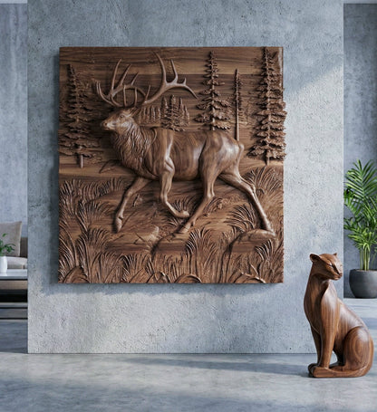 Wooden Deer Elk 3D wood relief wall art sculpture with natural walnut finish