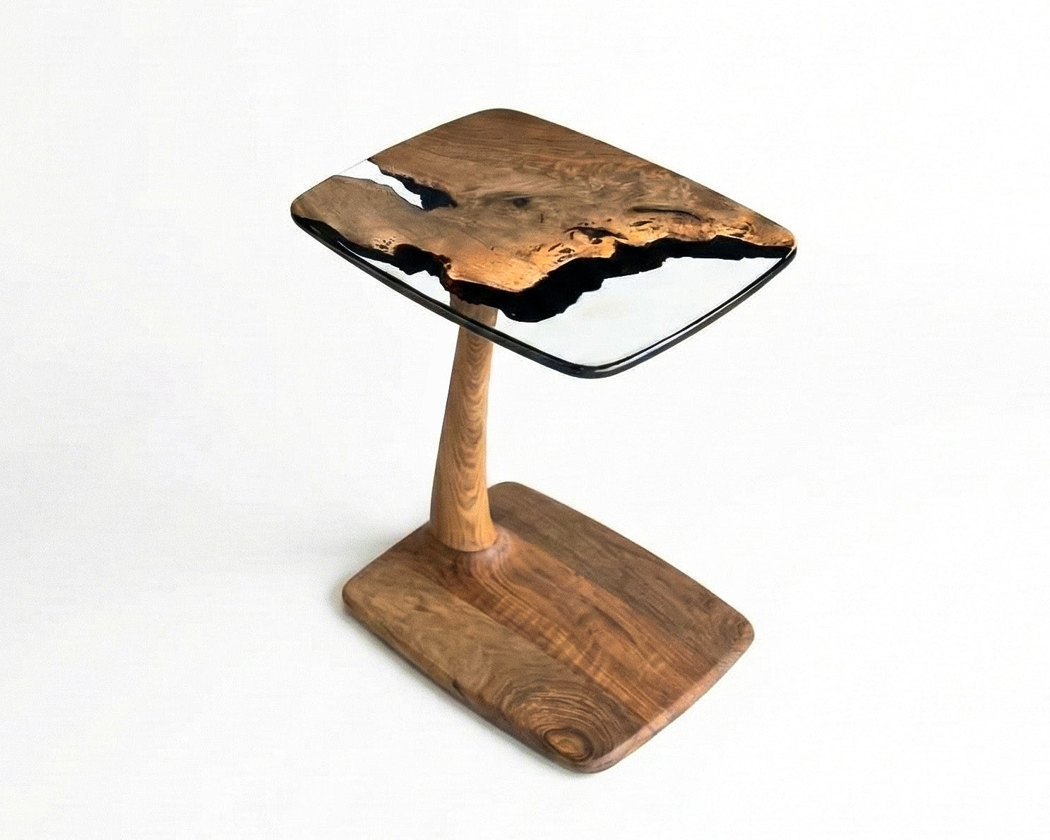 C-shaped luxury resin end table made of solid walnut wood with clear epoxy resin finish