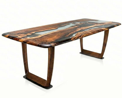 Epoxy Resin River Dining Table with Walnut Wood Legs showcasing natural wood and vibrant resin river design
