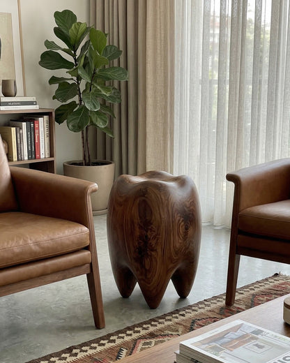 Handcrafted walnut tooth-shaped sculptural stool and end table