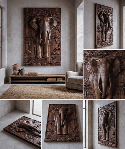 Majestic African Elephant 3D relief wood wall art with gold leaf tusks