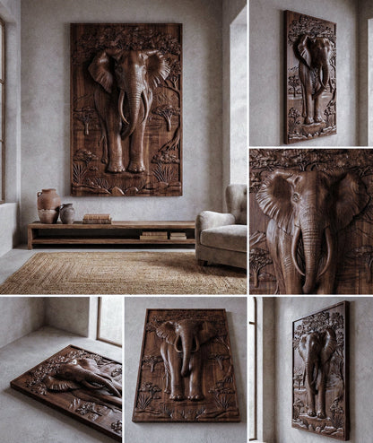 Majestic African Elephant 3D relief wood wall art with gold leaf tusks