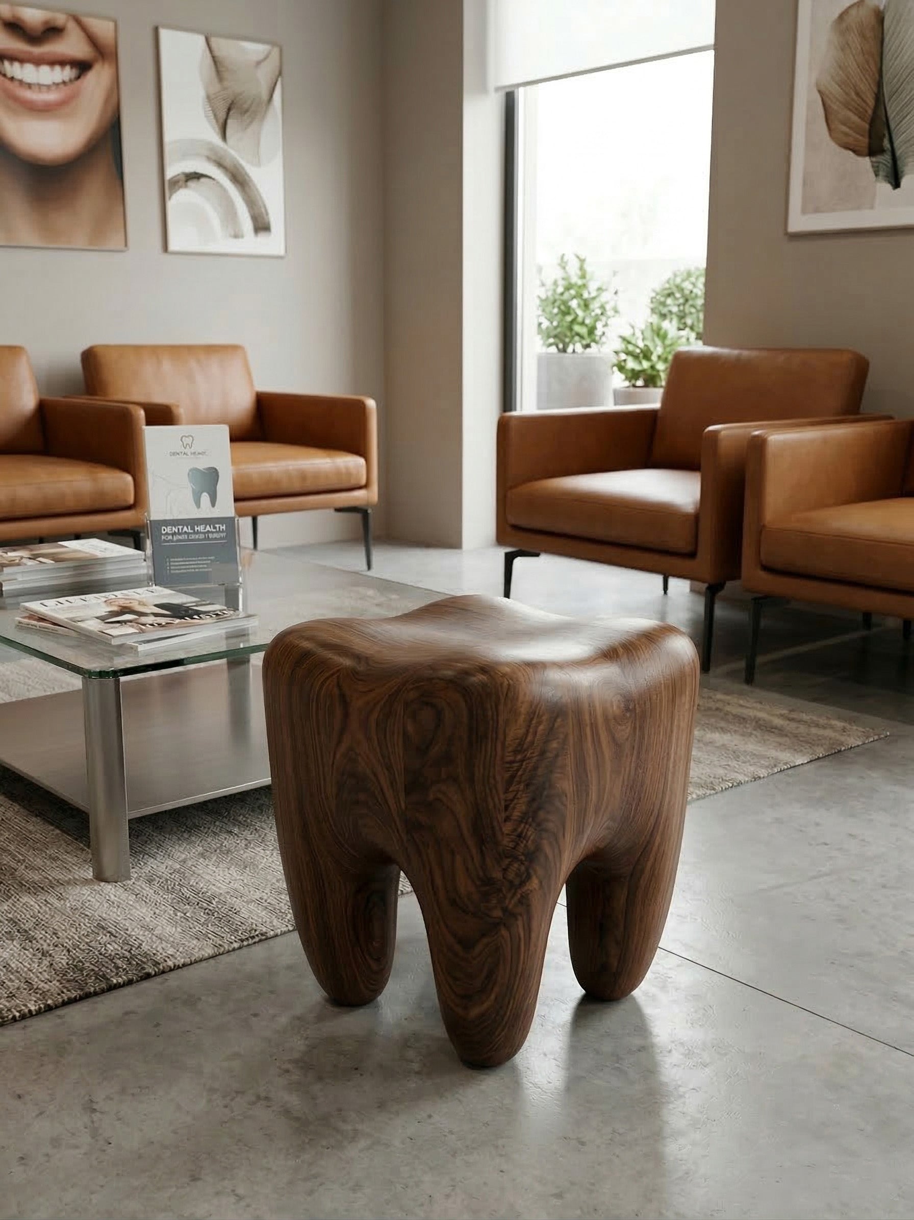 Handcrafted walnut tooth-shaped sculptural stool and end table