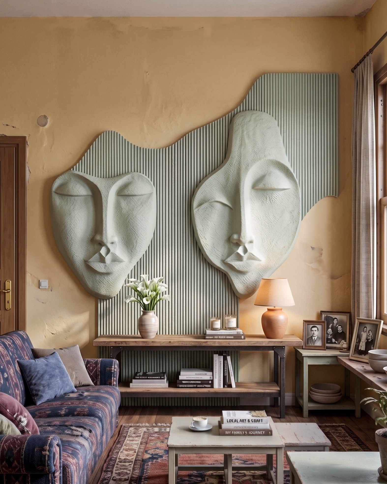 Wabi-Sabi 3D Face Wall Relief Art showing two abstract faces on a fluted textured panel in various colors and sizes