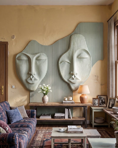 Wabi-Sabi 3D Face Wall Relief Art showing two abstract faces on a fluted textured panel in various colors and sizes