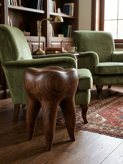 Handcrafted walnut tooth-shaped sculptural stool and end table