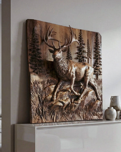 Wooden Deer Elk 3D wood relief wall art sculpture with natural walnut finish