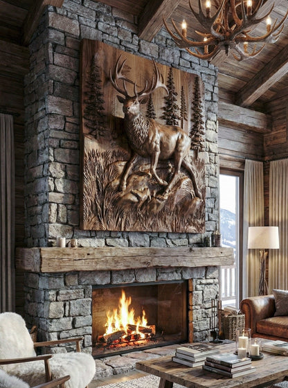 Wooden Deer Elk 3D wood relief wall art sculpture with natural walnut finish