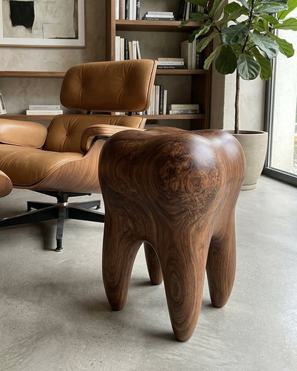 Handcrafted walnut tooth-shaped sculptural stool and end table
