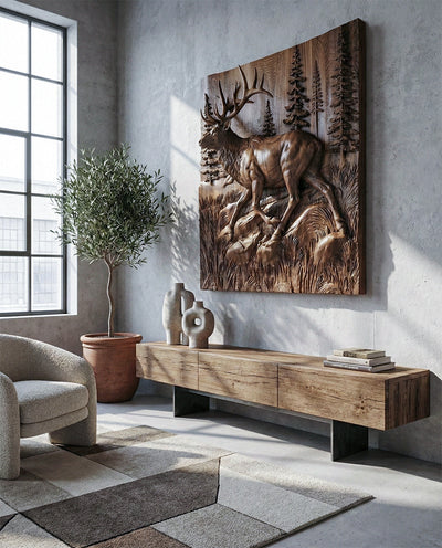 Wooden Deer Elk 3D wood relief wall art sculpture with natural walnut finish