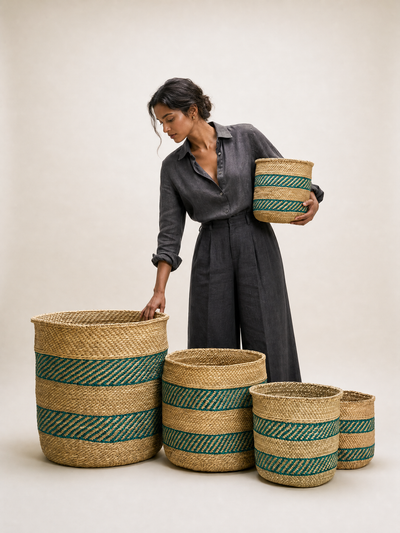 African Iringa woven basket with Turquoise Stripe by Mbare Ltd - main product image for Resin Society