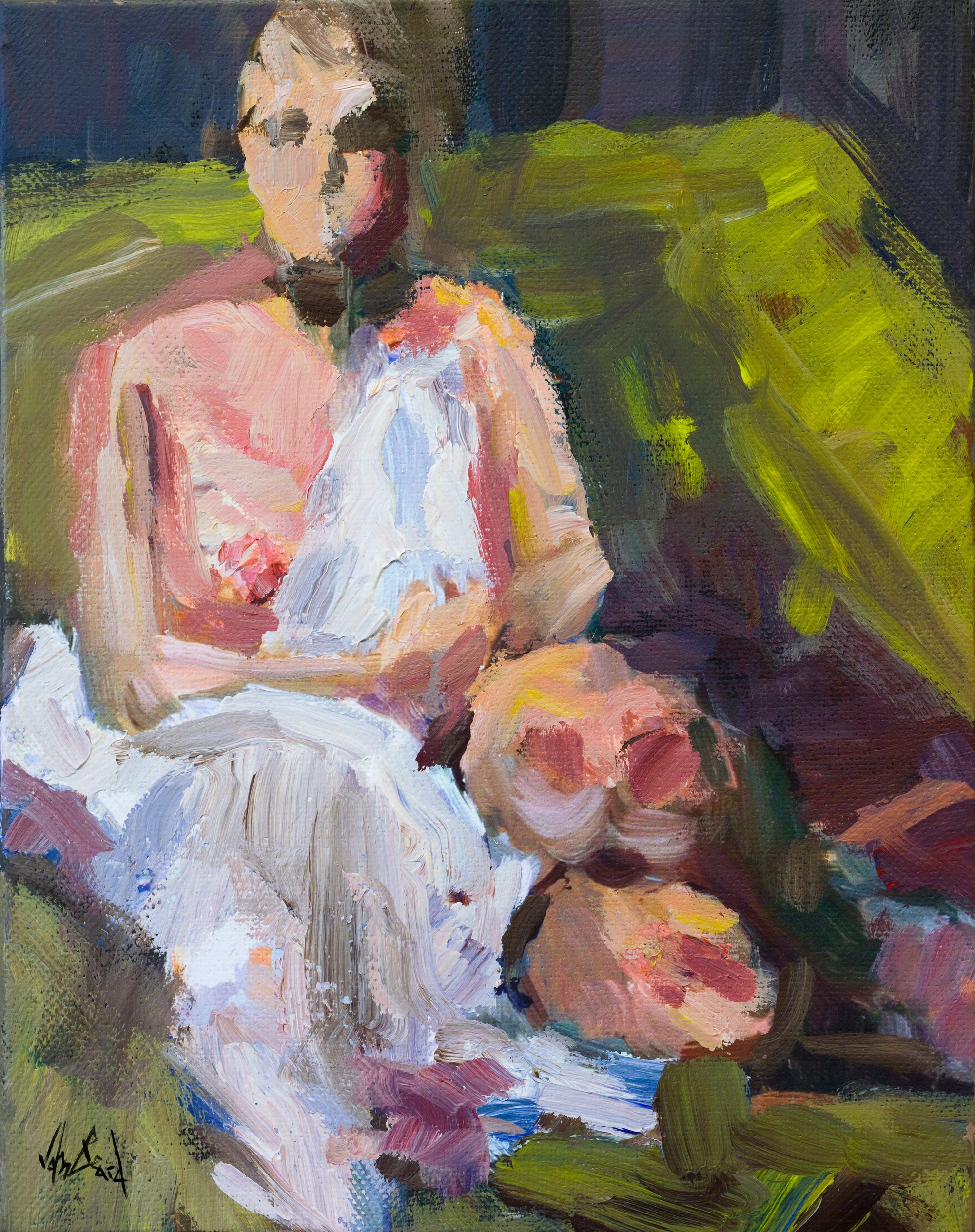 Girl on Green Chair Artist Enhanced Canvas Print by John Beard Collection - main product image for Resin Society