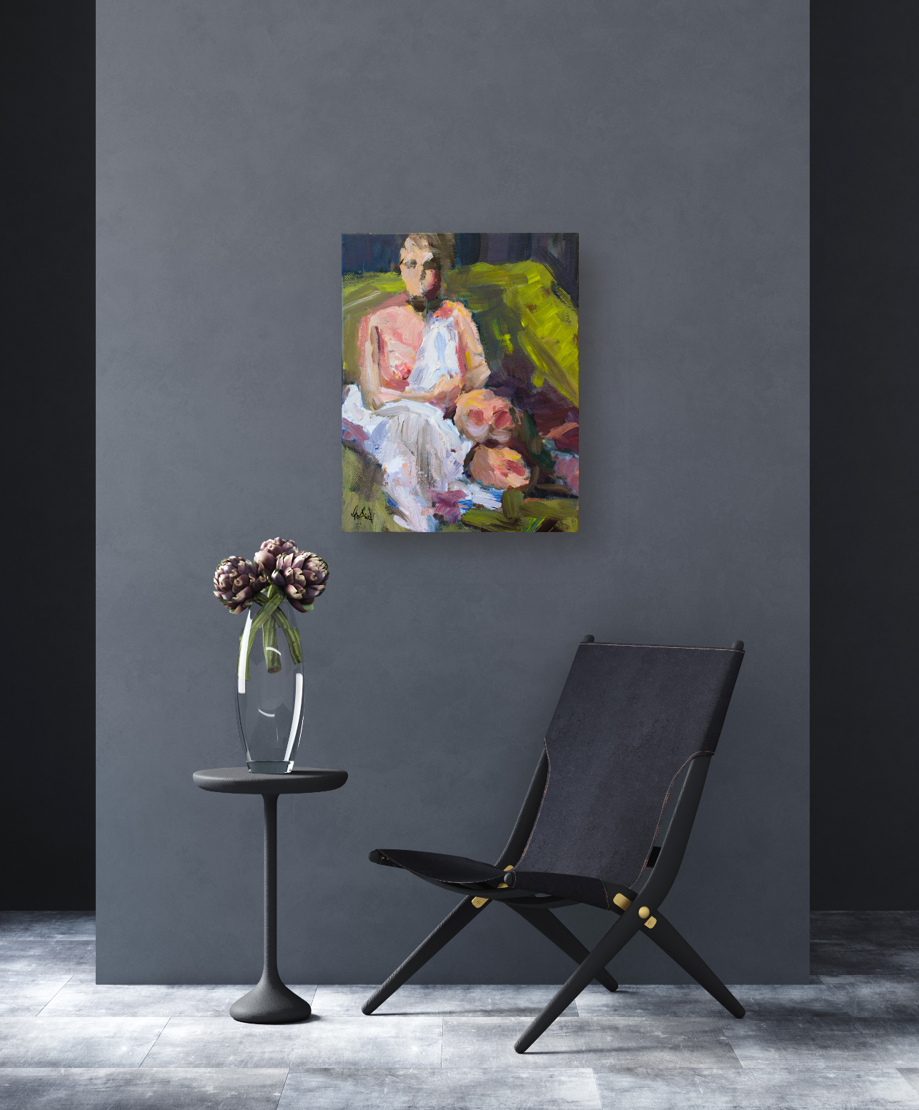 Girl on Green Chair Artist Enhanced Canvas Print by John Beard Collection - product image 4 for Resin Society