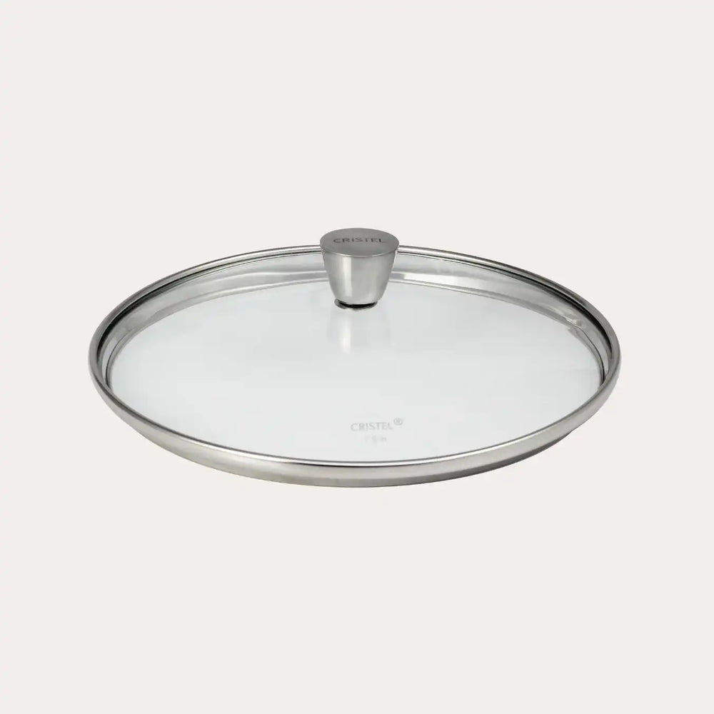 Rounded glass lid with stainless steel trim and tapered knob from CRISTEL USA 1826 Collection
