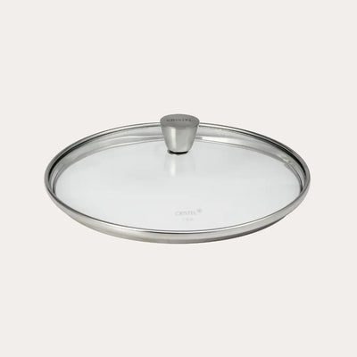 Rounded glass lid with stainless steel trim and tapered knob from CRISTEL USA 1826 Collection