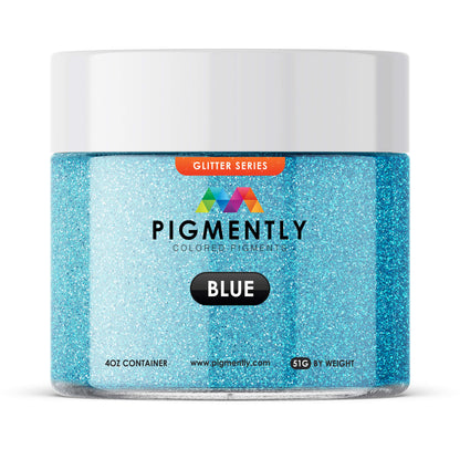 Jar of blue glitter pigment with 'Pigmently' branding on a white background