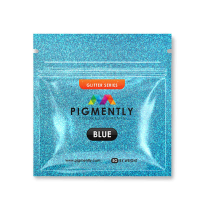 Blue glitter packet with 'Pigmently' branding on a white background