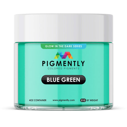 Jar of Pigmently blue green colored pigments on a white background