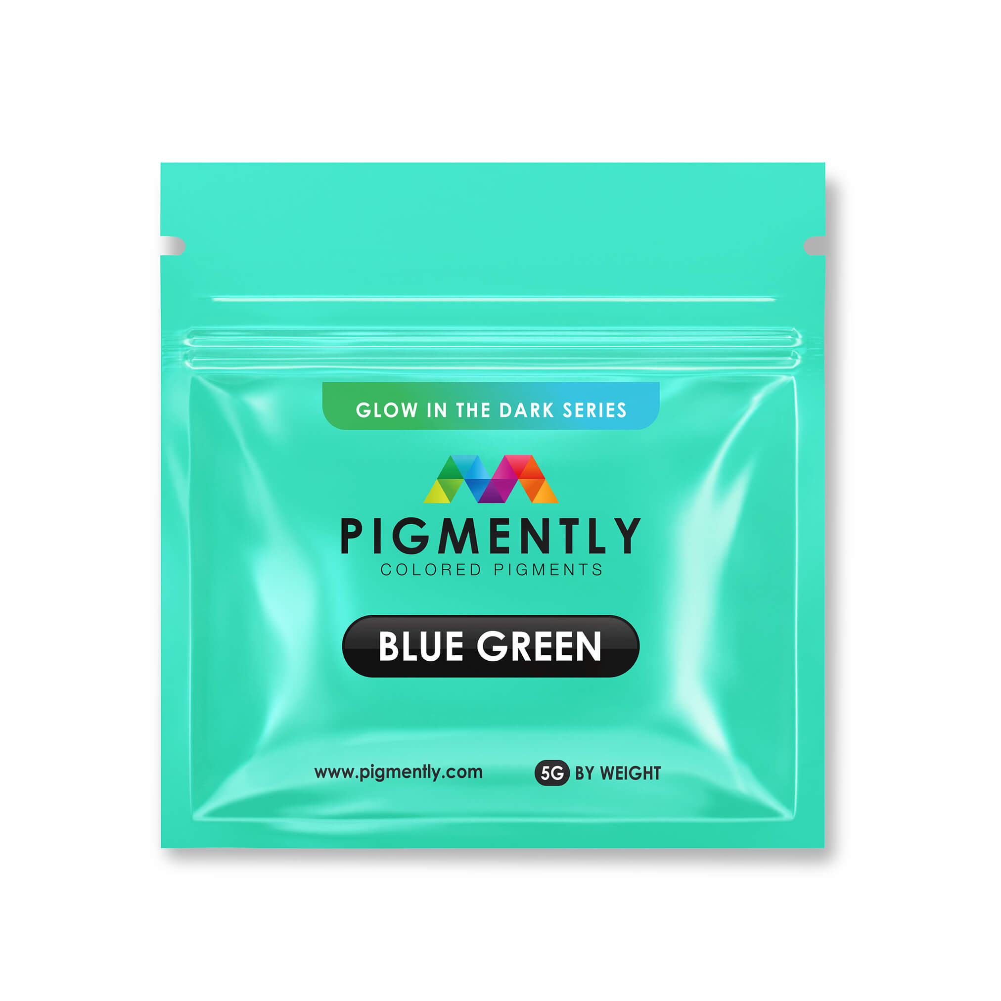 Turquoise package of Pigmently Blue Green colored pigments on a white background
