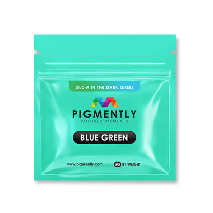 Turquoise package of Pigmently Blue Green colored pigments on a white background