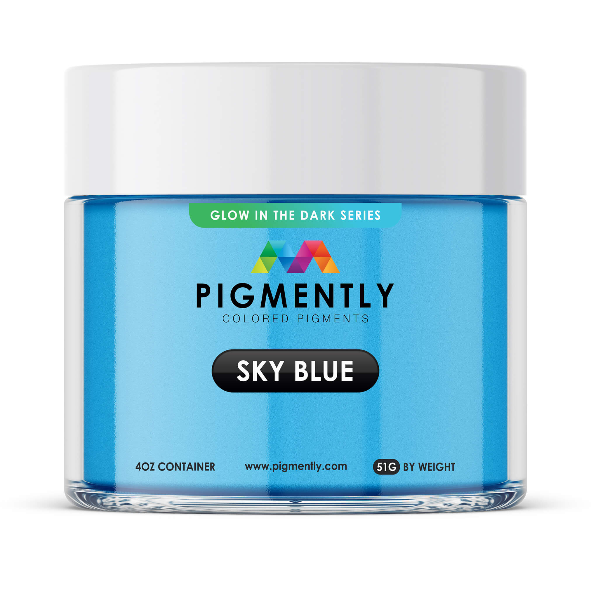 Jar of Pigmently sky blue colored pigments on a white background