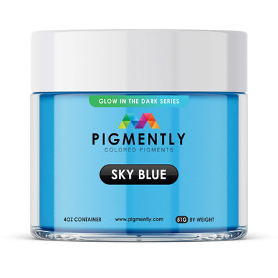 Sky Blue Glow in the Dark Epoxy Powder Pigment in container and applied in epoxy resin projects