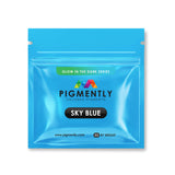 Sky Blue Glow in the Dark Epoxy Powder Pigment in container and applied in epoxy resin projects