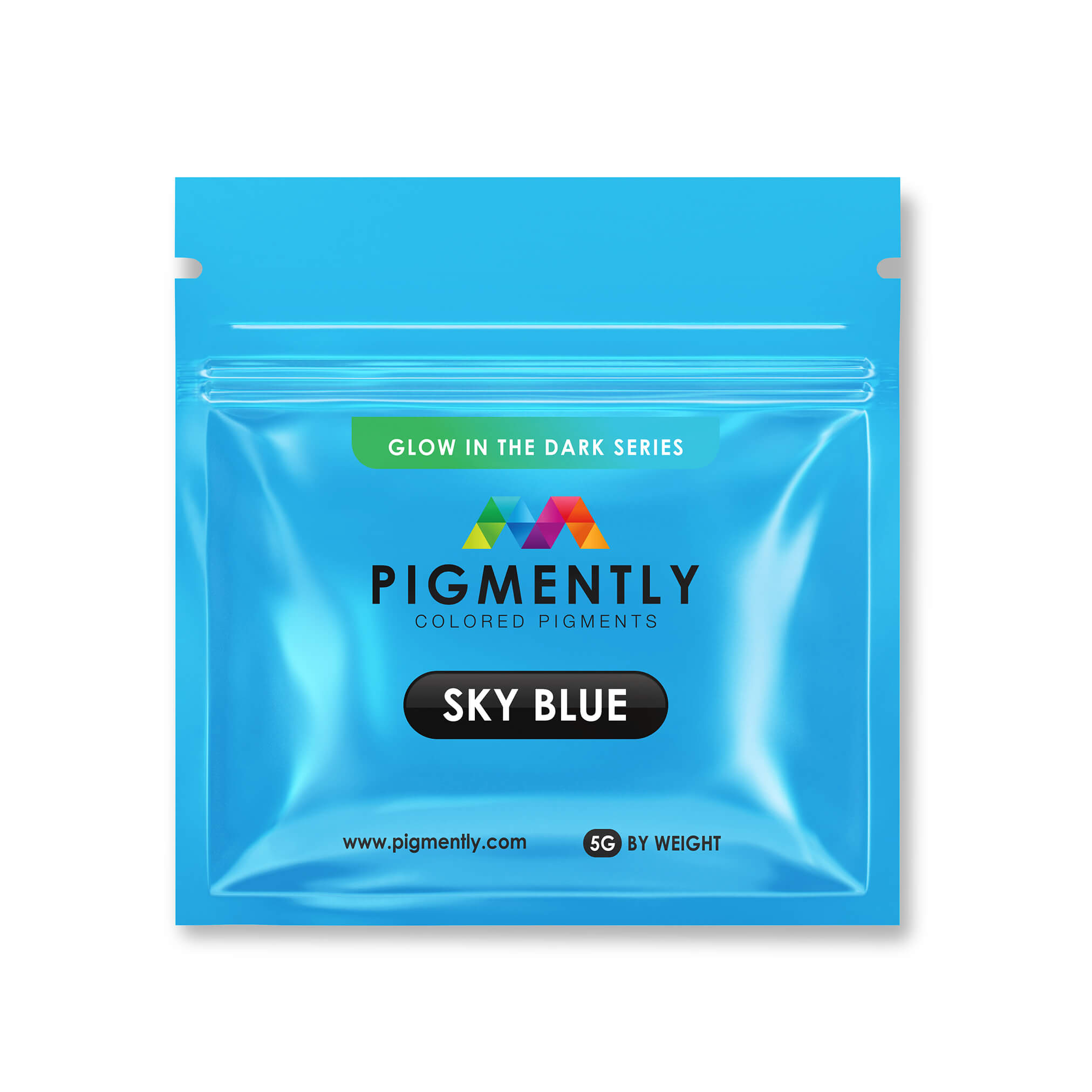 Blue package of Pigmently colored pigments with 'Sky Blue' label on a white background