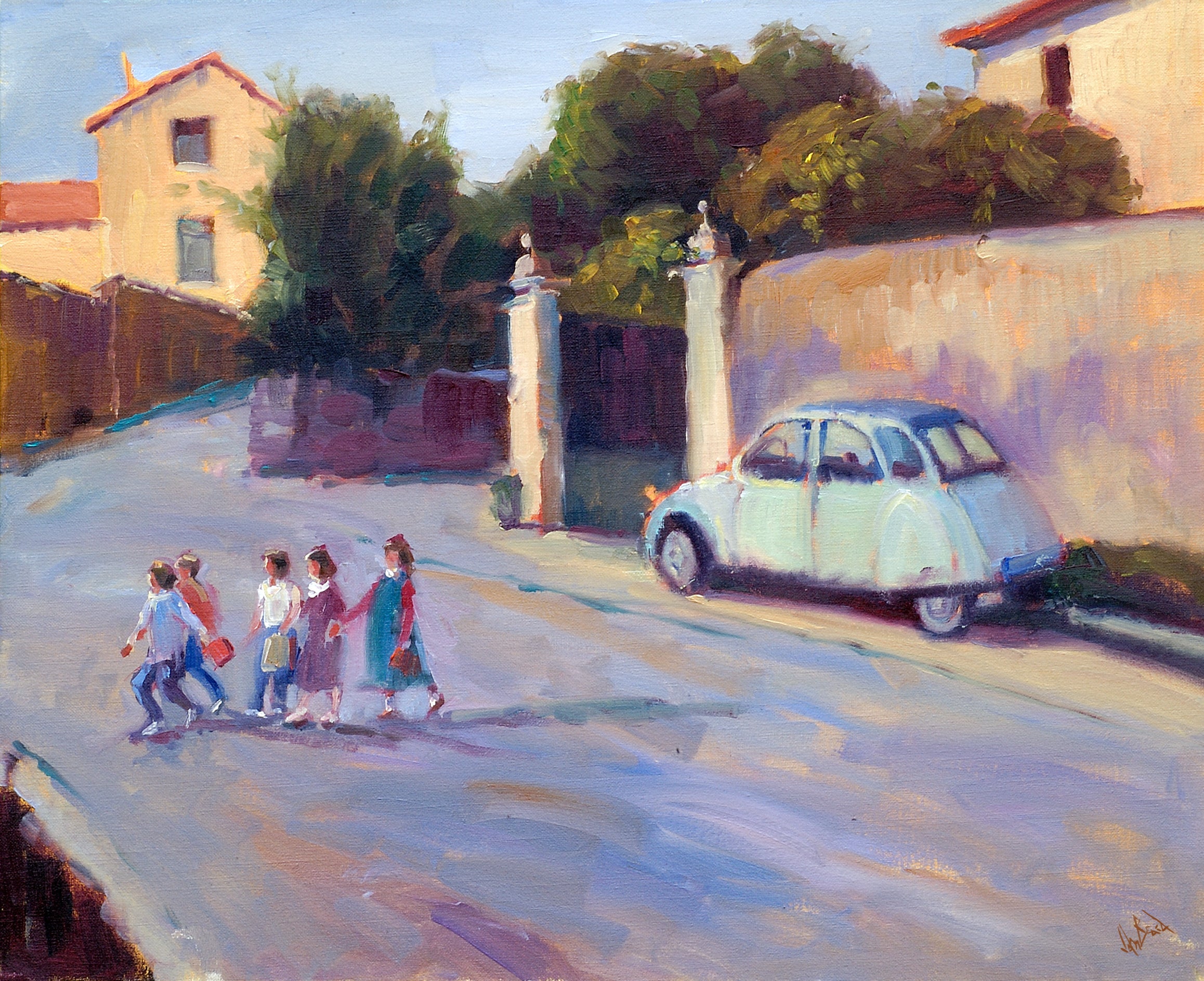 Going to School Artist Enhanced Canvas Print by John Beard showing people walking in watercolor style