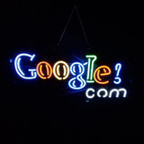 Colorful neon sign spelling 'Google!' with letters in blue, orange, yellow, green, and white, hanging against a dark background.