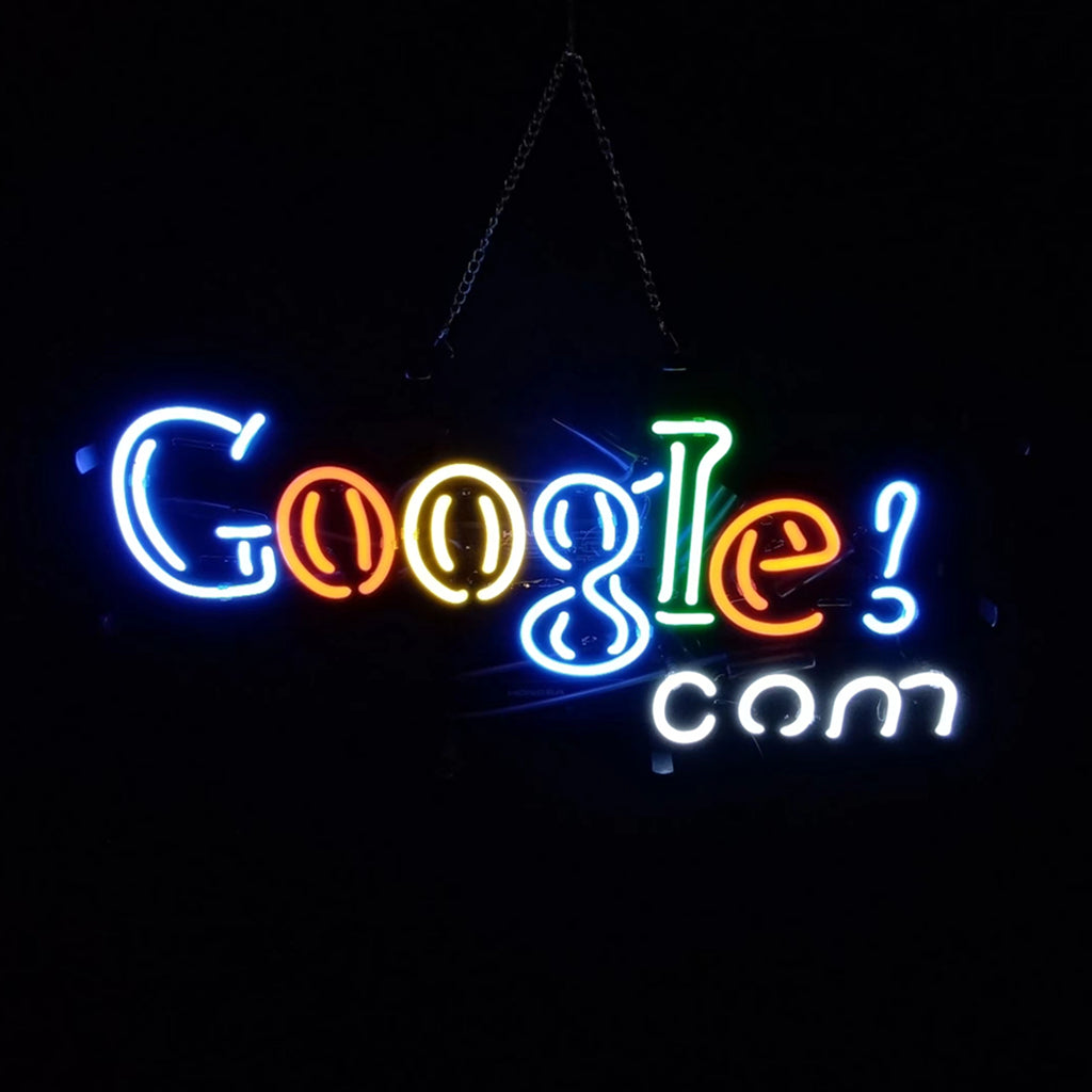 Colorful neon sign spelling 'Google!' with letters in blue, orange, yellow, green, and white, hanging against a dark background.