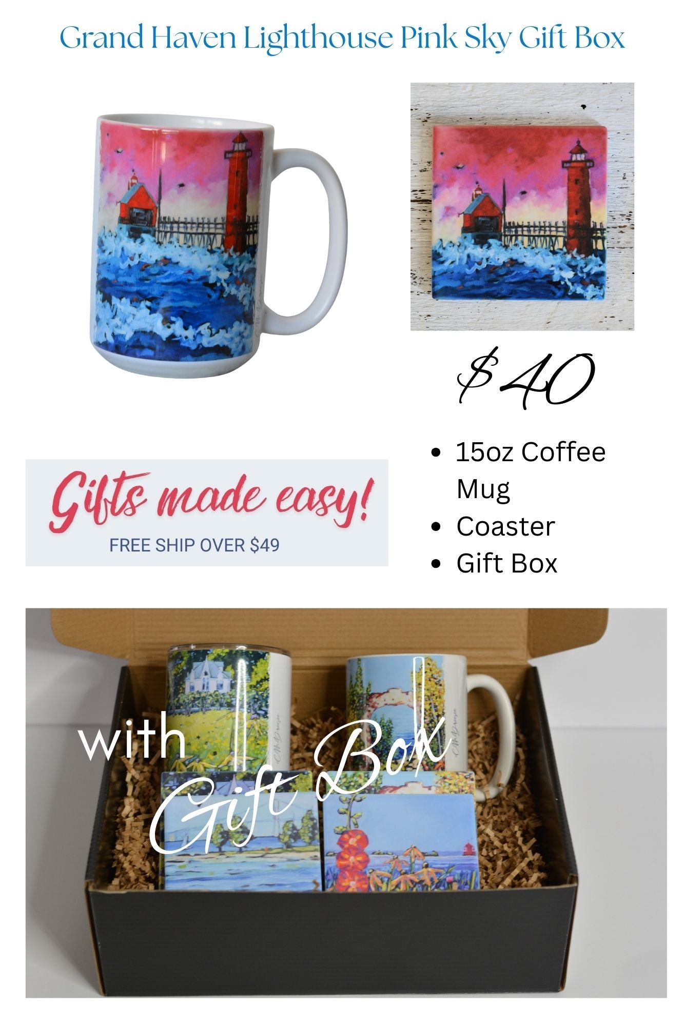 Grand Haven Lighthouse Gift Box Sets featuring stainless steel tumblers and matching coasters displayed with coastal artwork.