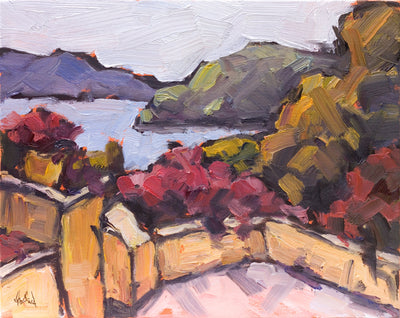 Greek Isles I abstract coastal landscape enhanced canvas print with vibrant blues and oranges