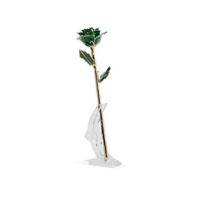 Timeless Rose (Green) showing preserved green rose dipped in 24K gold inside a clear glass dome