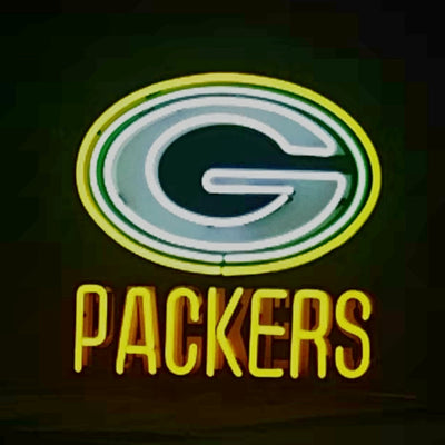Green Bay Packers Neon Sign illuminated, showing a glowing team logo mounted on acrylic backing