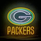 Neon sign of Green Bay Packers logo with a white 'G' inside green and yellow oval, and yellow text 'PACKERS' below, glowing brightly against a dark background.