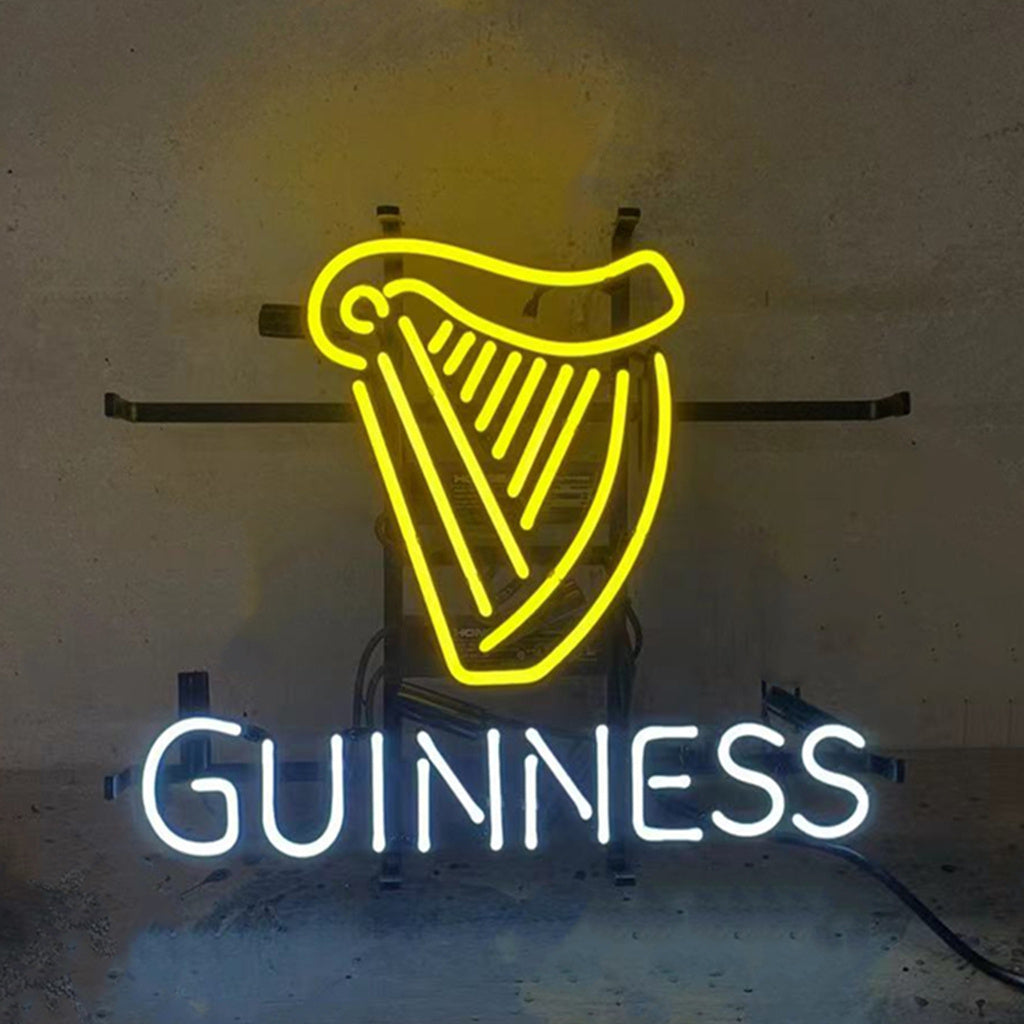 Guinness Harp Lager Neon Sign glowing in indoor setting
