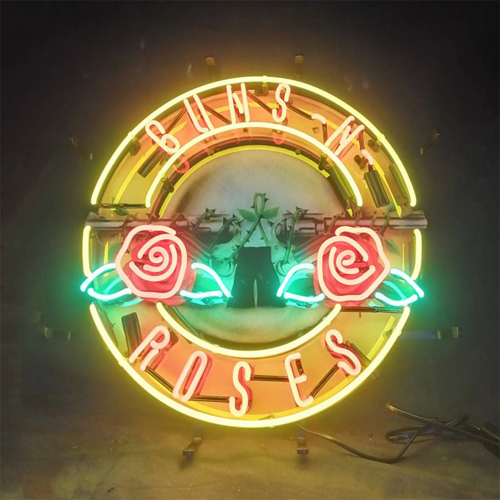 Guns N Roses Team Logo Neon Signs Light glowing on a wall indoors