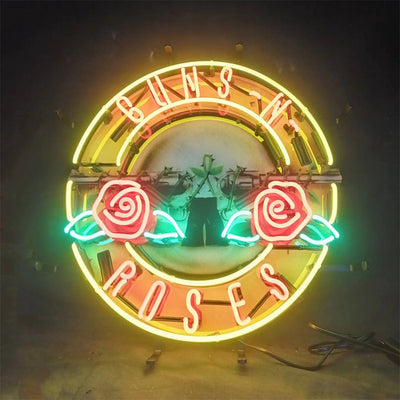 Guns N Roses Team Logo Neon Signs Light glowing on a wall indoors